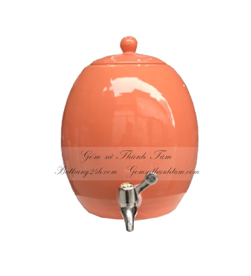 Bán bình đựng nước màu cam men bóng gốm sứ Bát Tràng cao cấp, chất lượng có vòi inox đi kèm đảm bảo an toàn, chất lượng dày dặn, giá rẻ