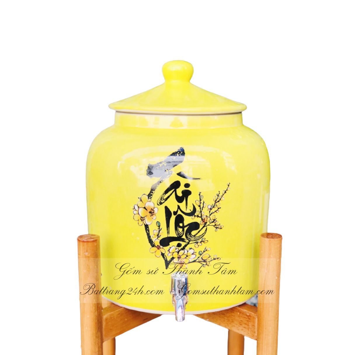 Xưởng sản xuất bình đựng nước Bát Tràng có vòi Inox đi kèm vẽ hoa văn chữ Tài Lộc đẹp mắt, đảm bảo an toàn sức khỏe, giá tại xưởng