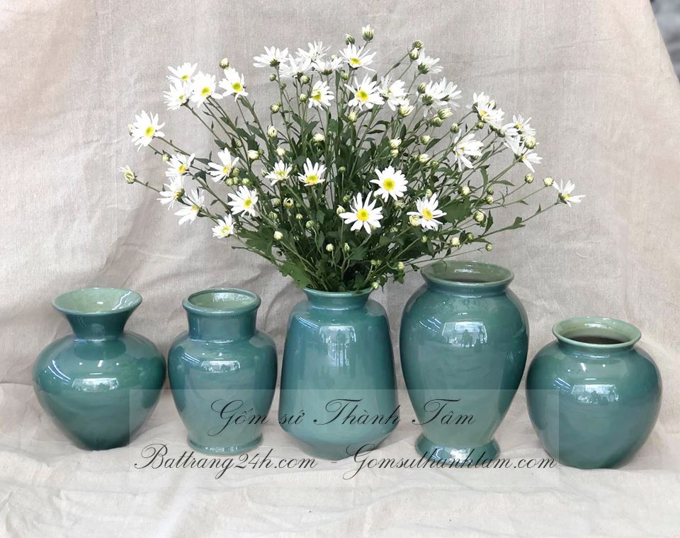 Bình hoa gốm sứ Bát Tràng đẹp trang trí để bàn nghệ thuật phòng khách, bình hoa giá rẻ màu men xanh ngọc bích