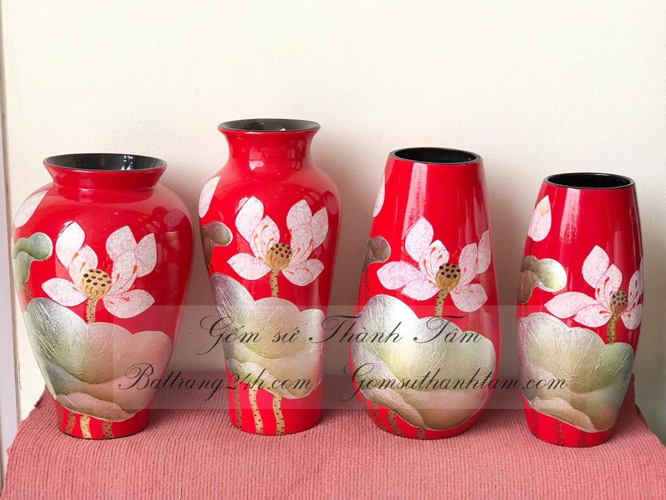 Bình hoa màu men đỏ, bình hoa gốm sứ Bát Tràng trang trí để bàn cao cấp chất lượng, bình hoa in ấn làm quà tặng