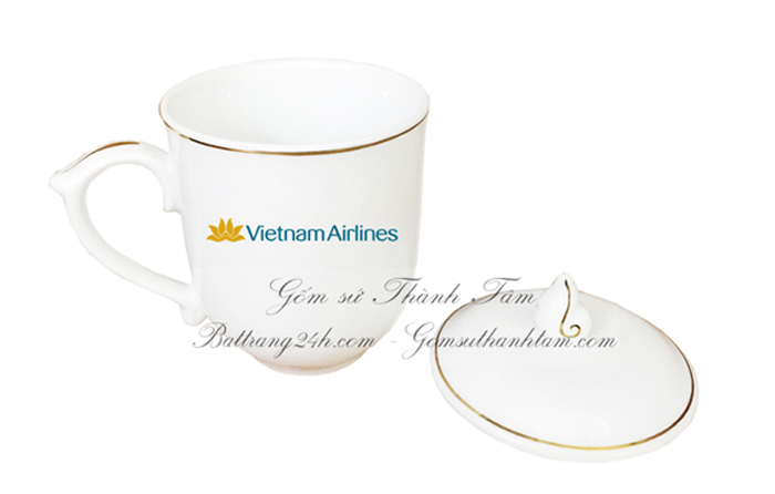 ly sứ bát tràng đẹp, ly sứ trắng viền vàng kim có nắp đậy kèm đĩa sứ trắng