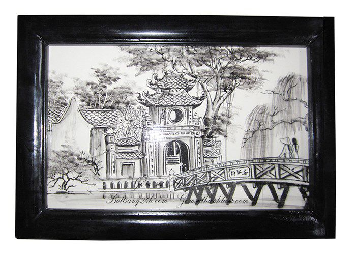 Tranh đồng quê màu men đen trắng, tranh sứ cao cấp