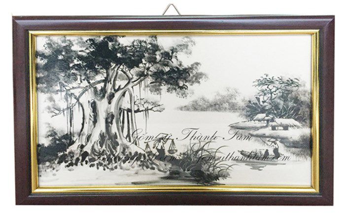Tranh gốm sứ cao cấp bát tràng vẽ màu đen trắng, tranh gốm sứ cảnh đồng quê đẹp
