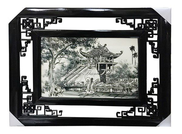 Tranh gốm sứ nghệ thuật vẽ phong cảnh chùa một côt, tranh sứ giá rẻ