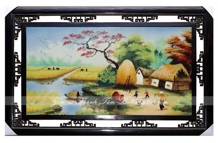 Tranh sứ Bát Tràng đẹp khung chữ nhật, tranh sứ vẽ cảnh đồng quê chất lượng