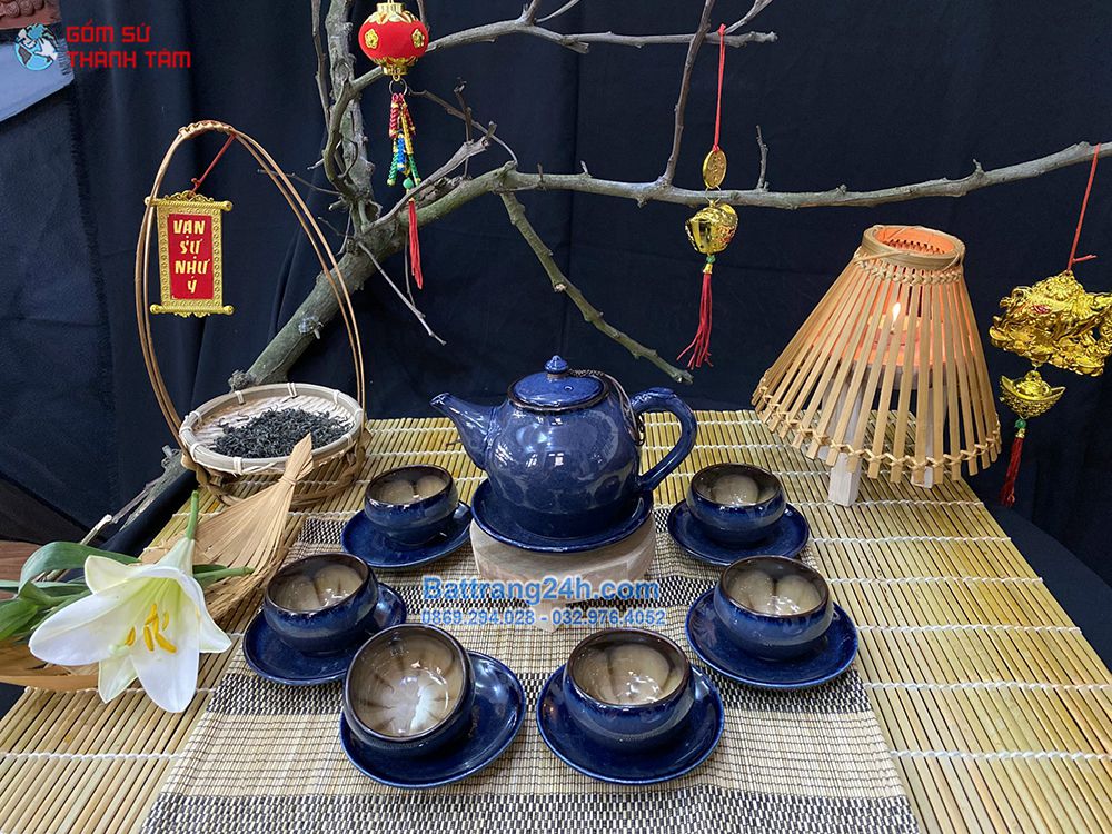 Bộ ấm trà hỏa biến lòng hoa màu xanh đậm gốm sứ Bát Tràng cao cấp, giá rẻ
