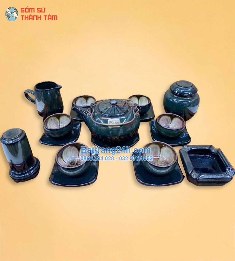 Bộ ấm trà men hỏa biến màu xanh gốm sứ Bát Tràng cao cấp, sang trọng