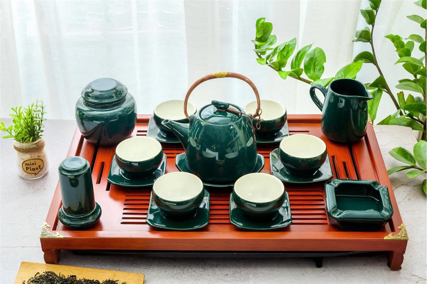 Giá thành bộ ấm chén men xanh đầy đủ phụ kiện sang trọng gốm sứ bát tràng cao cấp