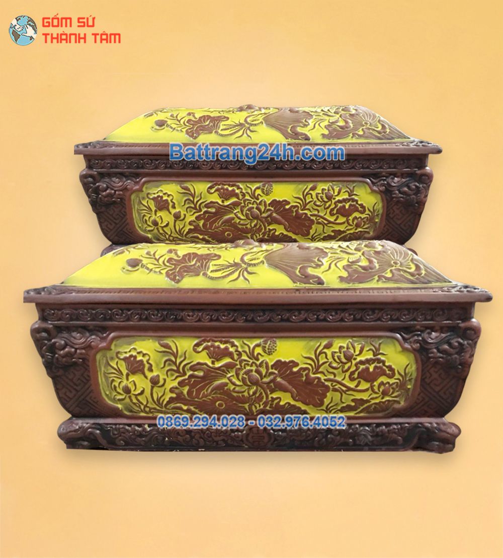 Mua bộ quách tiểu men gốm đỏ khắc nổi hoa sen đẹp mắt tốt cho phong thủy