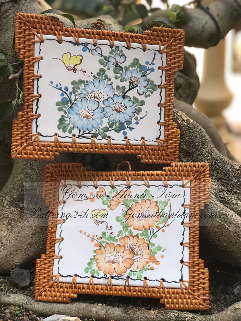 Mua đĩa mây tre đan Hà Nội trang trí vẽ tay hoa hoa tỉ mỉ, đẹp mắt nghệ thuật gốm sứ Bát Tràng cao cấp, giá thành tốt nhất thị trường