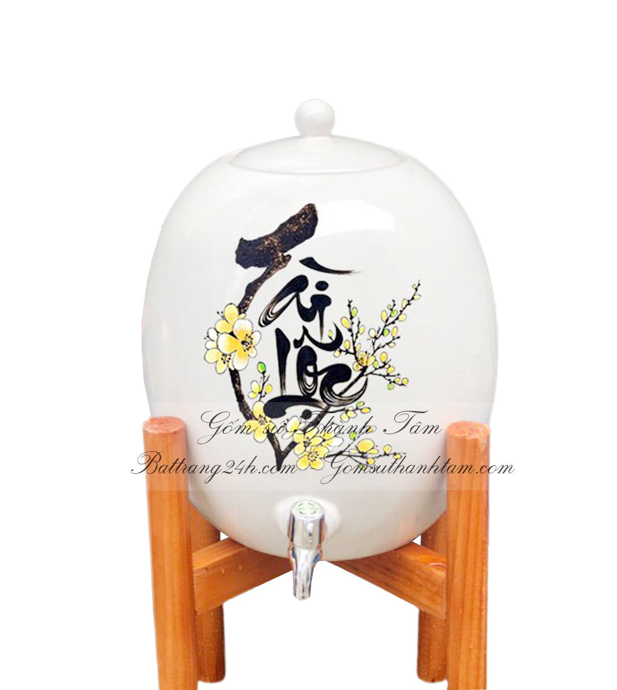 Nơi sản xuất bình nước Bát Tràng vẽ chữ Tài Lộc màu men trắng có vòi inox đi kèm đê trong phòng khách đẹp mắt, sang trọng, giá rẻ