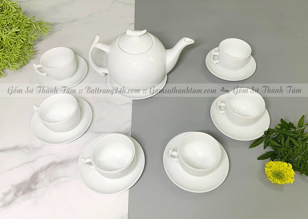 Bộ ấm uống trà Bát Tràng in logo men trắng cao cấp