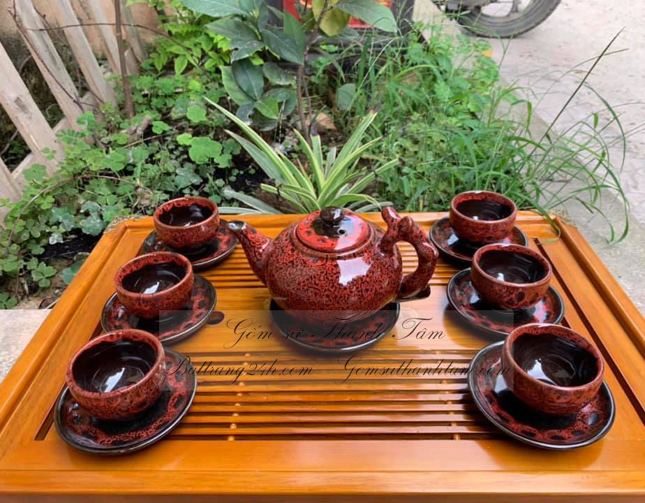 Bán bộ ấm chén đựng trà để trà gốm sứ Bát Tràng, ấm chén trà màu men hỏa biến nâu gốm đẹp mắt cao cấp giá rẻ