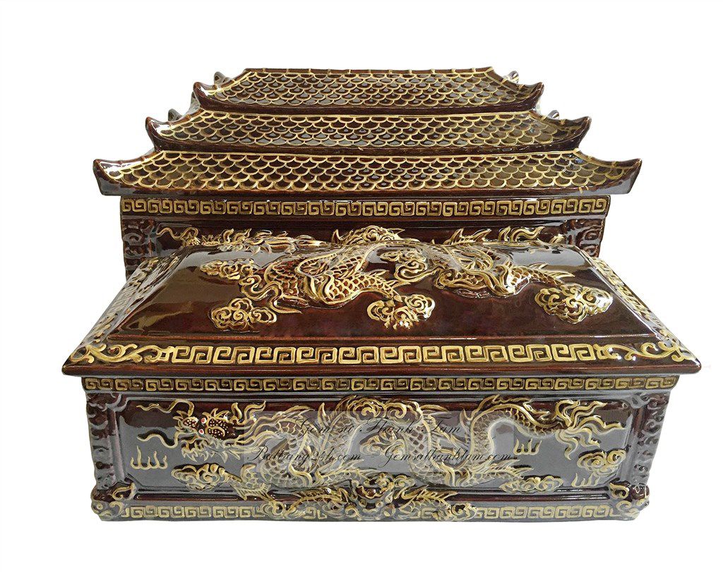 Bán bộ tiểu quách 2 phần gốm sứ Bát Tràng chất lượng đựng xương cốt, bộ quách tiểu màu nâu vẽ nhũ vàng cao cấp