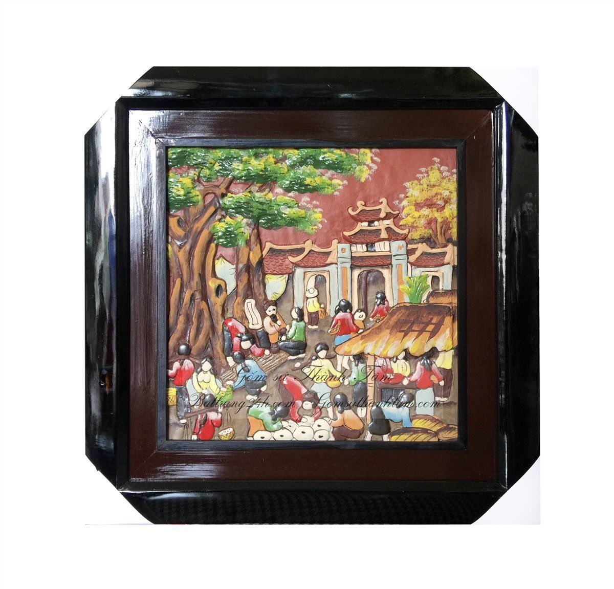 Bán tranh gốm sứ Bát Tràng cảnh họp chợ quê đông đúc ngày tết, tranh gốm đất nung màu đỏ