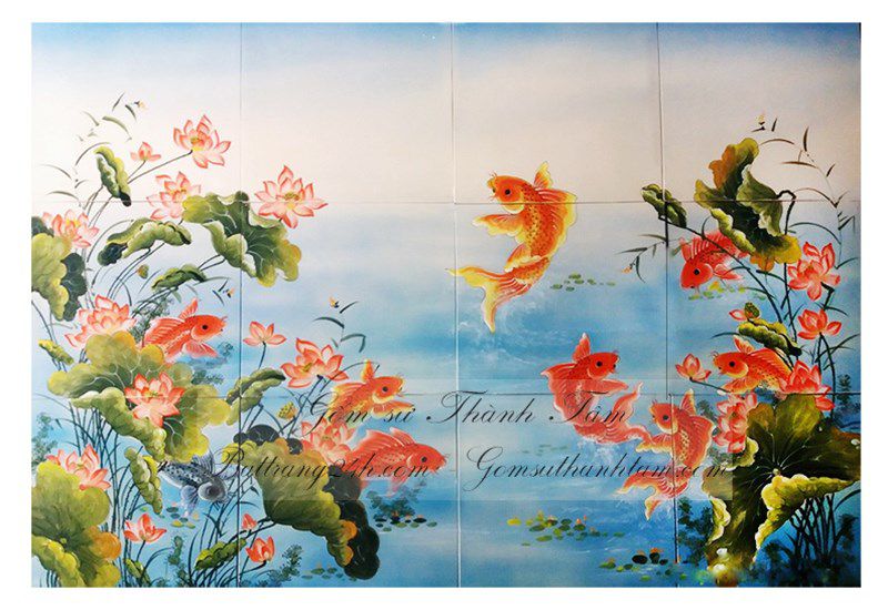 Bán tranh gốm sứ ghép mảnh cảnh cá chép hoa sen, tranh gốm sứ chất lượng giá rẻ đẹp