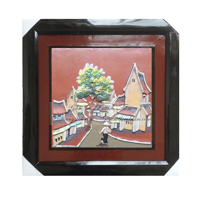 Bán tranh gốm sứ màu đỏ cảnh phố cổ Hà Nội, tranh gốm sứ chất lượng treo tường