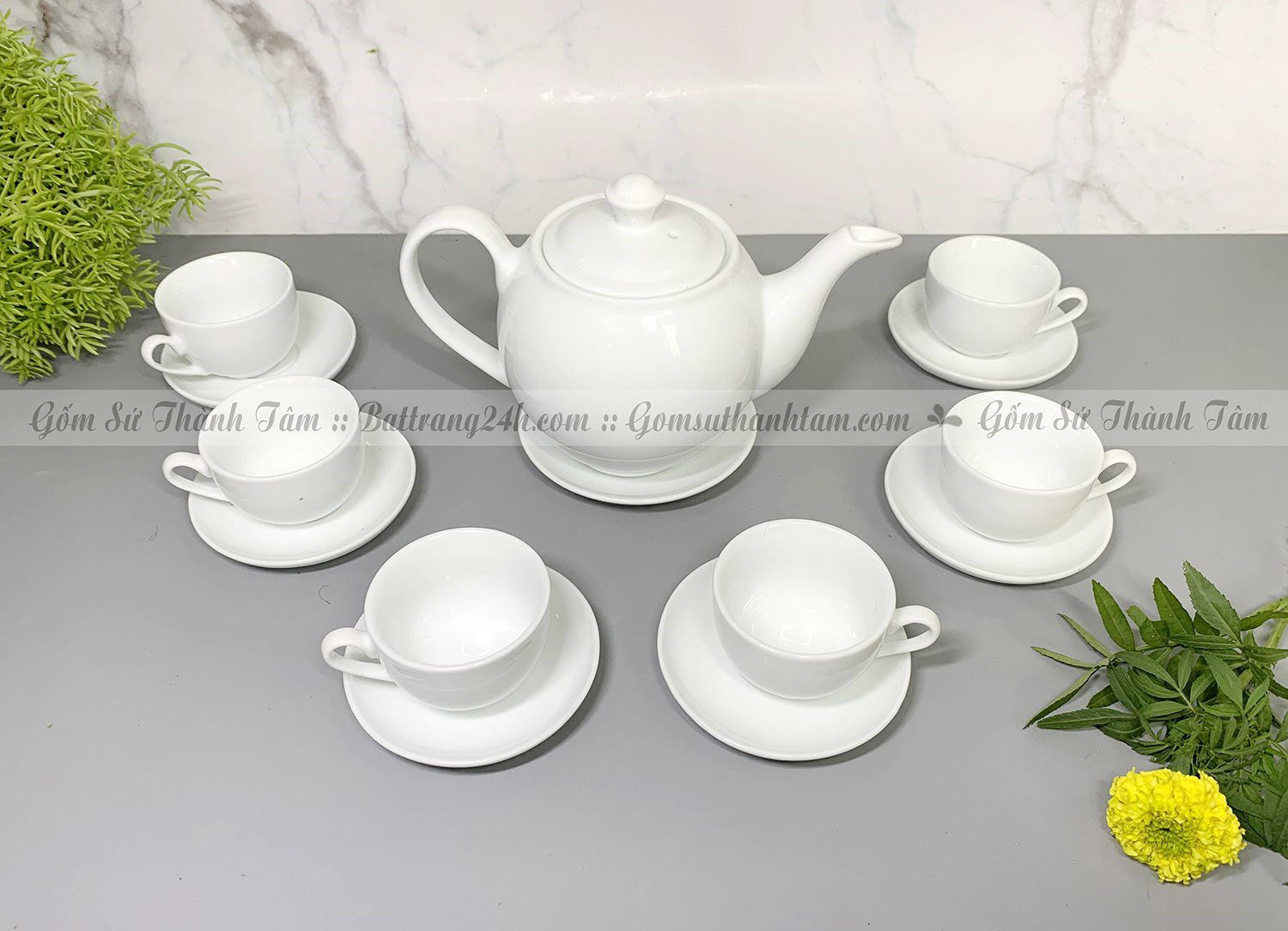 Bộ ấm chén sứ dáng Minh Long, ấm chén trắng uống trà pha trà gốm sứ đựng văn phòng, phòng khách đẹp