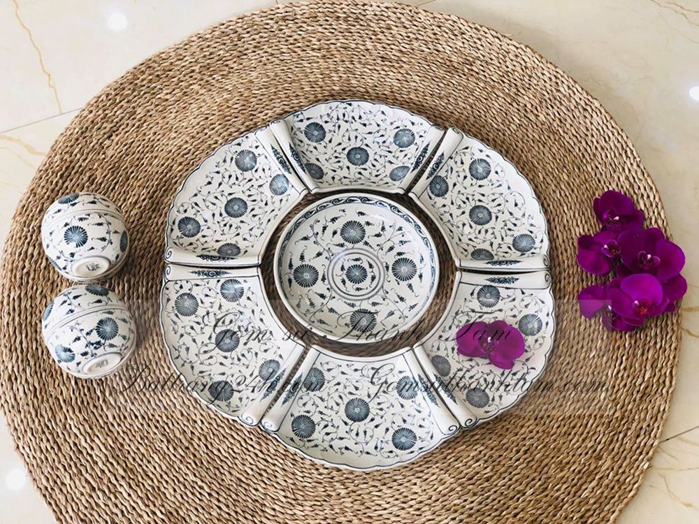 Bộ bát đĩa khay lá đựng đồ ăn hoa mặt trời men rạn vẽ đẹp chất lượng hoa cúc, bộ bát đĩa màu men tràm cổ