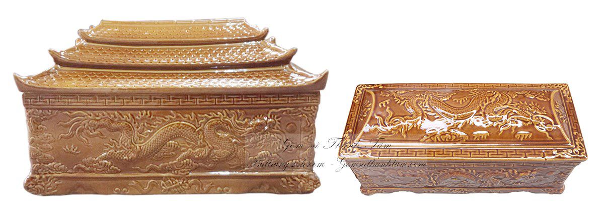 Bộ quách và tiểu sành sứ gốm Bát Tràng đẹp, bộ quách tiểu màu vàng da lươn
