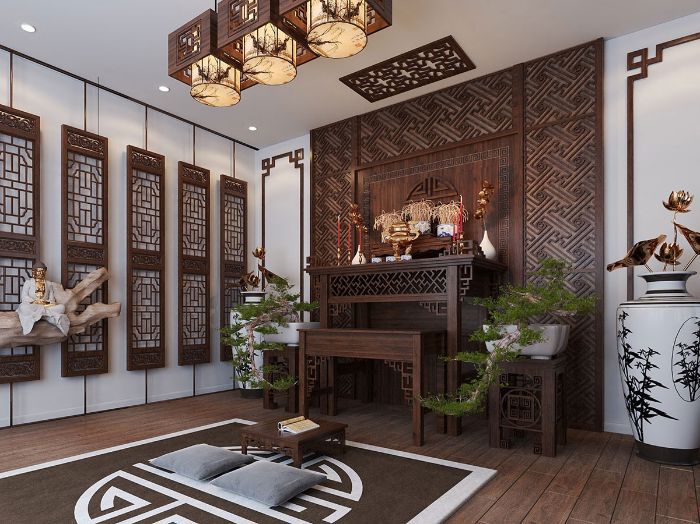 Hình ảnh thiết kế nhà 2 tầng có phòng thờ tầng 1 riêng biệt với phòng khách 2