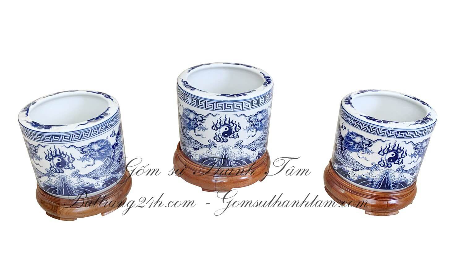 Bộ bát hương bộ 3 gốm sứ Bát Tràng men xanh vẽ tay đẹp