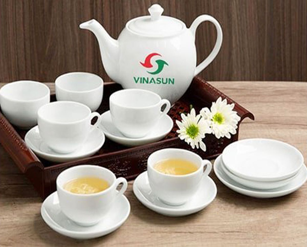Bộ ấm chén trắng gốm sứ Bát Tràng cao cấp, đẹp mắt