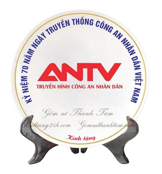 Đĩa sứ 20cm mạ vàng kim in logo