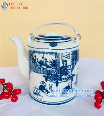 Ấm tích vẽ tay tỉ mỉ sắc nét gốm Bát Tràng hàng vẽ kĩ cao cấp