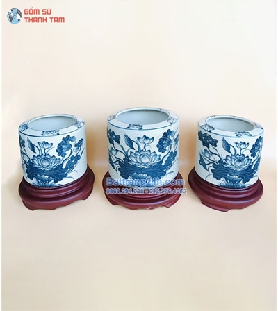 Bát hương men tràm cổ chân đế gỗ hương gốm sứ Bát Tràng cao cấp