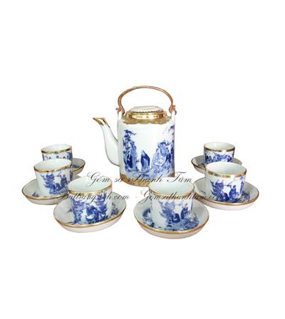 Bộ ấm chén bọc đồng men lam cổ gốm Bát Tràng cao cấp