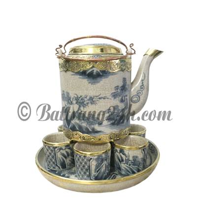 Bộ ấm trà men rạn cổ bọc đồng gốm Bát Tràng cao cấp [ 750 ml ]