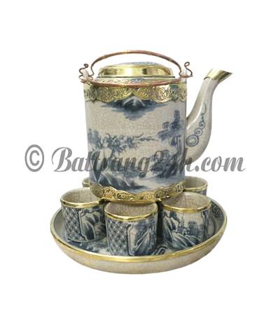 Bộ ấm trà men rạn cổ bọc đồng gốm Bát Tràng cao cấp