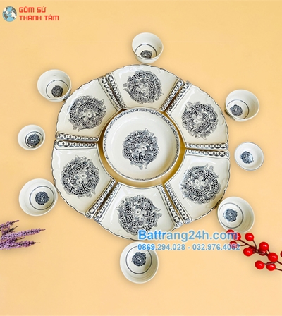 Bộ bát đĩa mặt trời vẽ rồng tràm cổ tỉ mỉ, tinh xảo, đẹp mắt