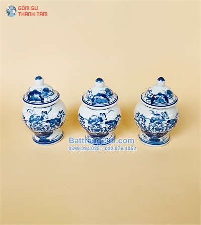 Bộ chóe Bát Tràng đựng muối gạo nước vẽ hoa sen cao cấp màu xanh đậm