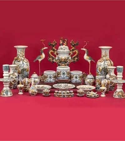 Bộ đồ thờ GIA TIÊN có ĐỈNH HẠC men RẠN CỔ gốm sứ Bát Tràng cao cấp