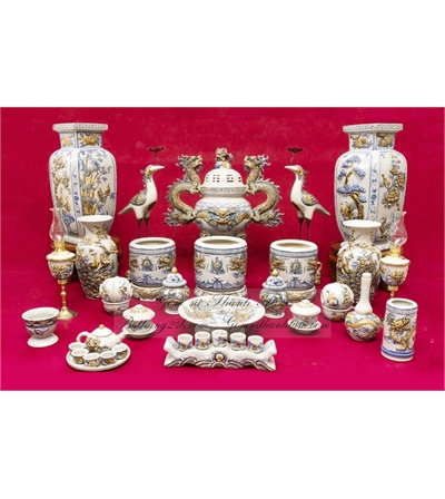 Bộ đồ thờ Gia Tiên có Lư Hương - Đỉnh hạc men rạn cổ gốm Bát Tràng cao cấp