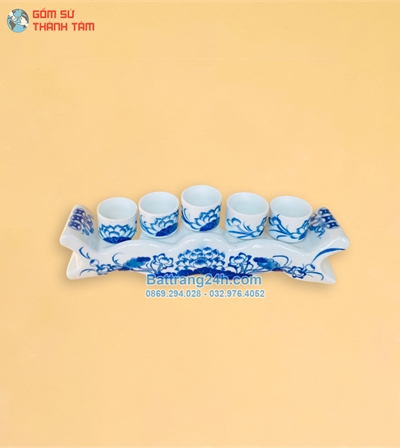 Bộ kỷ chén thờ 5 chén men lam vẽ tay hàng kĩ đẹp mắt