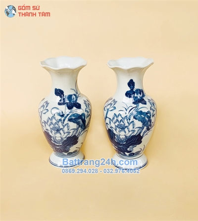 Đôi lọ hoa thờ Bát Tràng vẽ hoa Sen men Xanh đẹp mắt