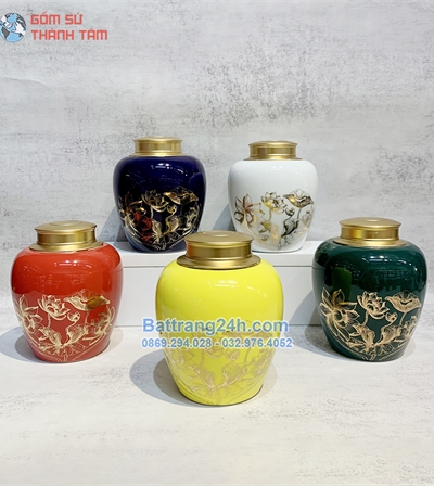 Hộp chè vẽ vàng kim gốm sứ Bát Tràng hoa văn sắc nét, đẹp, chất lượng