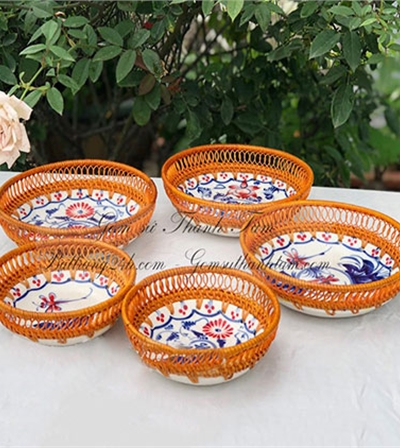 Khay đĩa mây tre đan gốm sứ Bát Tràng cao cấp làm theo yêu cầu