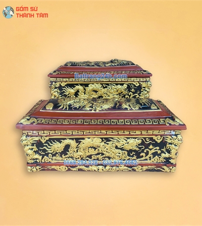 Quách tiểu men gốm đỏ trơn - Tứ Trụ Rồng Cổ lót vải lụa cao cấp