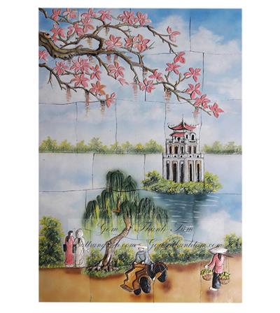 Tranh gốm ghép mảnh gốm sứ Bát Tràng vẽ cảnh Hồ Gươm đẹp