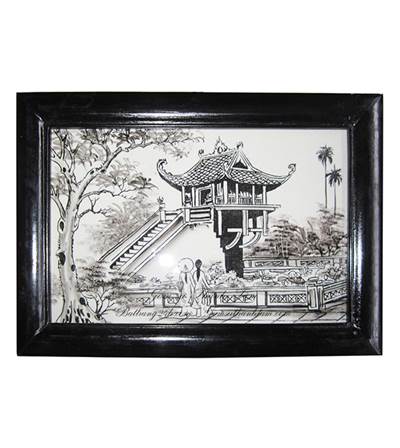 Tranh sứ vẽ phong cảnh vẽ chùa một cột màu đen trắng đẹp tinh tế