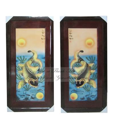 Trannh bộ vẽ lý ngư vọng nguyệt - màu men  đẹp 